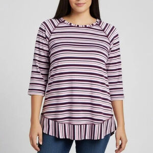 St Johns Bay Striped Raglan Top L Purple Pink 3/4 Sleeve Tee